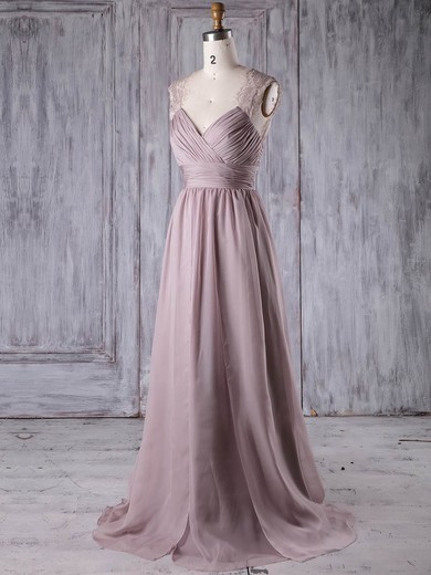 A-line V-neck Sweep Train Lace Chiffon with Ruffles Bridesmaid Dresses #PDS01013174