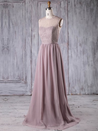 A-line Scoop Neck Sweep Train Lace Chiffon with Sashes / Ribbons Bridesmaid Dresses #PDS01013175