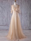 A-line V-neck Sweep Train Tulle with Appliques Lace Bridesmaid Dresses #PDS01013178