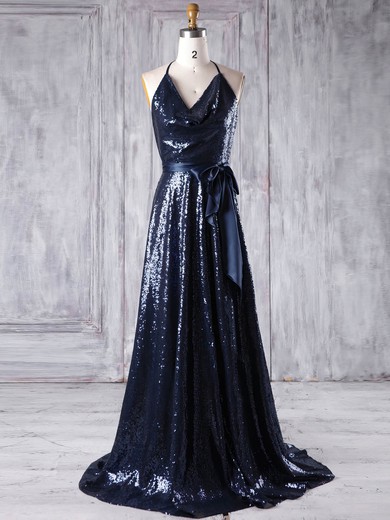 A-line Halter Sweep Train Sequined with Sashes / Ribbons Bridesmaid Dresses #PDS01013179