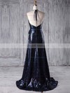 A-line Halter Sweep Train Sequined with Sashes / Ribbons Bridesmaid Dresses #PDS01013179