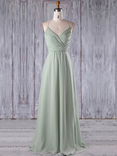 A-line V-neck Floor-length Chiffon Tulle with Appliques Lace Bridesmaid Dresses #PDS01013184