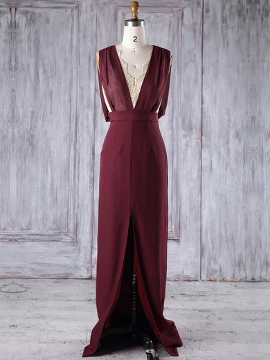 Sheath/Column V-neck Floor-length Lace Chiffon with Split Front Bridesmaid Dresses #PDS01013186