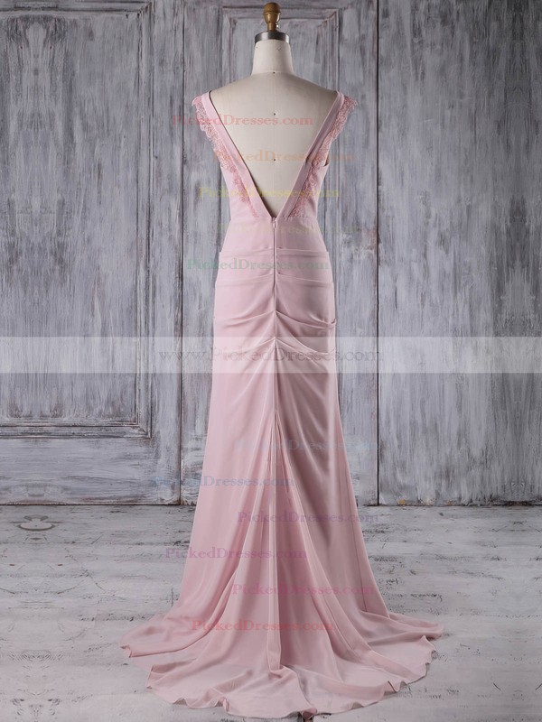 Sheath/Column V-neck Sweep Train Chiffon with Lace Bridesmaid Dresses #PDS01013187