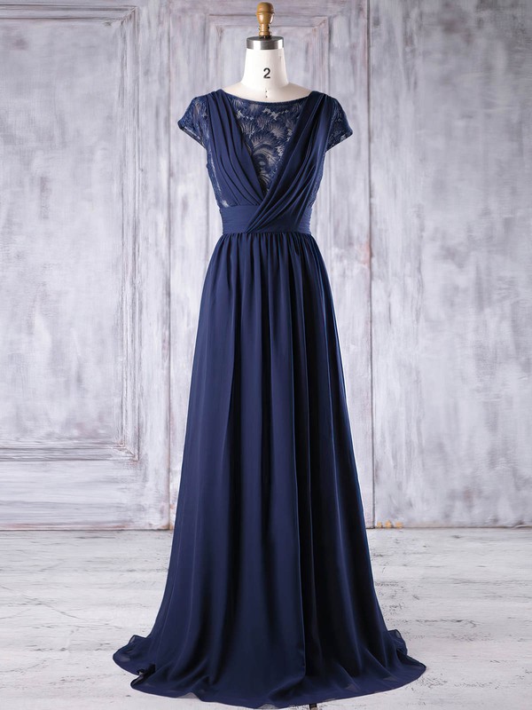 A-line Scoop Neck Floor-length Lace Chiffon with Ruffles Bridesmaid Dresses #PDS01013188