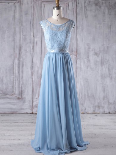 A-line Scoop Neck Sweep Train Chiffon Tulle with Sashes / Ribbons Bridesmaid Dresses #PDS01013192