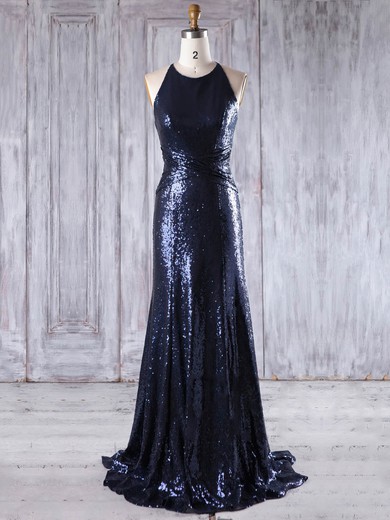 Sheath/Column Scoop Neck Sweep Train Sequined with Ruffles Bridesmaid Dresses #PDS01013201