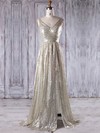 A-line V-neck Sweep Train Sequined with Split Front Bridesmaid Dresses #PDS01013202