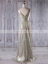 A-line V-neck Sweep Train Sequined with Split Front Bridesmaid Dresses #PDS01013202