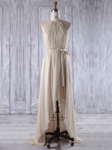 A-line Scoop Neck Asymmetrical Chiffon with Sashes / Ribbons Bridesmaid Dresses #PDS01013205