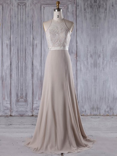A-line Halter Sweep Train Lace Chiffon with Sashes / Ribbons Bridesmaid Dresses #PDS01013208