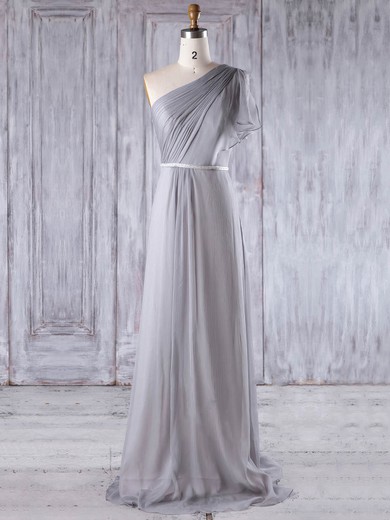 A-line One Shoulder Sweep Train Chiffon with Sashes / Ribbons Bridesmaid Dresses #PDS01013212