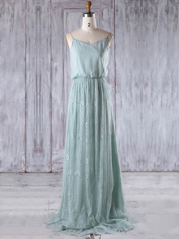A-line V-neck Sweep Train Lace with Ruffles Bridesmaid Dresses #PDS01013213