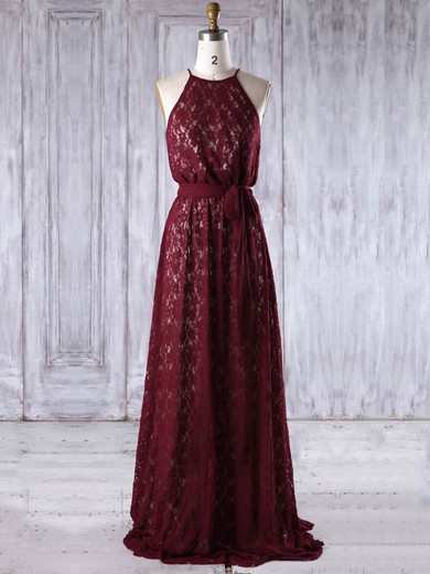 A-line Scoop Neck Floor-length Lace with Sashes / Ribbons Bridesmaid Dresses #PDS01013219
