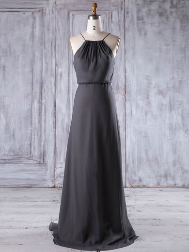 A-line Scoop Neck Sweep Train Chiffon with Ruffles Bridesmaid Dresses #PDS01013220