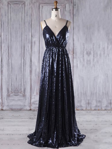 A-line V-neck Sweep Train Sequined with Embroidered Bridesmaid Dresses #PDS01013223