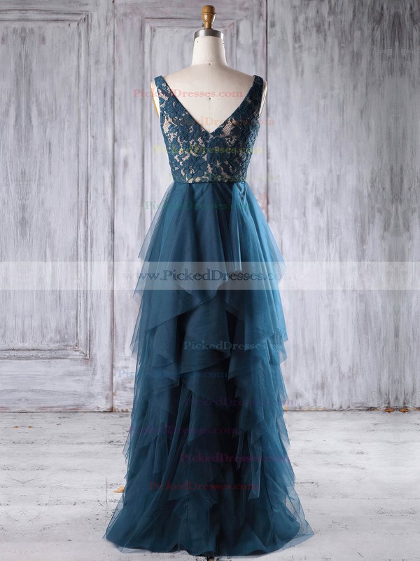 A-line V-neck Floor-length Lace Tulle with Tiered Bridesmaid Dresses #PDS01013225