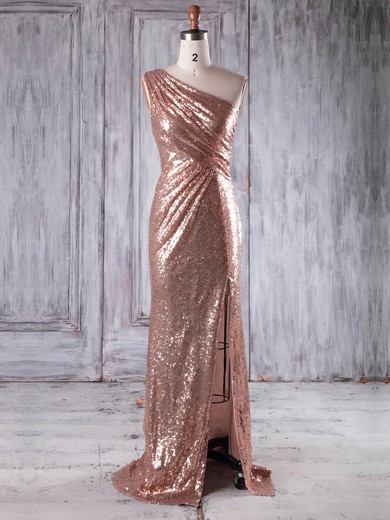 Sheath/Column One Shoulder Sweep Train Sequined with Split Front Bridesmaid Dresses #PDS01013226