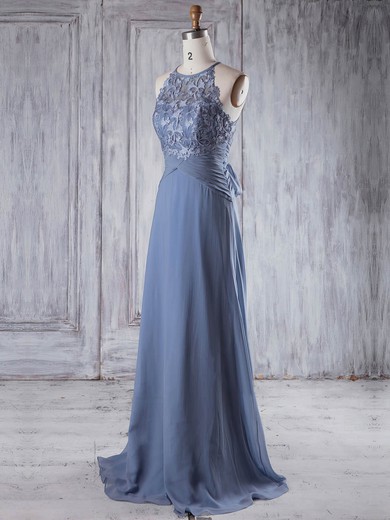 A-line Scoop Neck Sweep Train Lace Chiffon with Bo|Ruffles Bridesmaid Dresses #PDS01013232