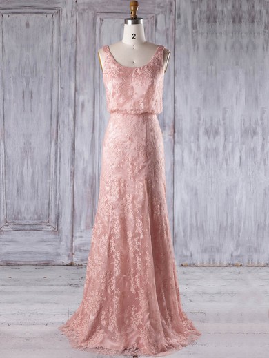 Sheath/Column Scoop Neck Floor-length Lace with Ruffles Bridesmaid Dresses #PDS01013233