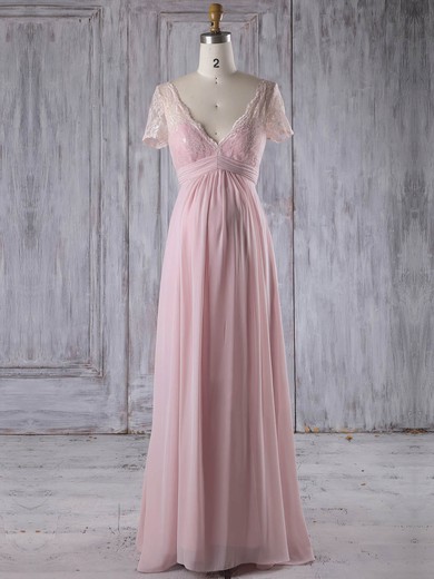 Empire V-neck Floor-length Lace Chiffon with Ruffles Bridesmaid Dresses #PDS01013249
