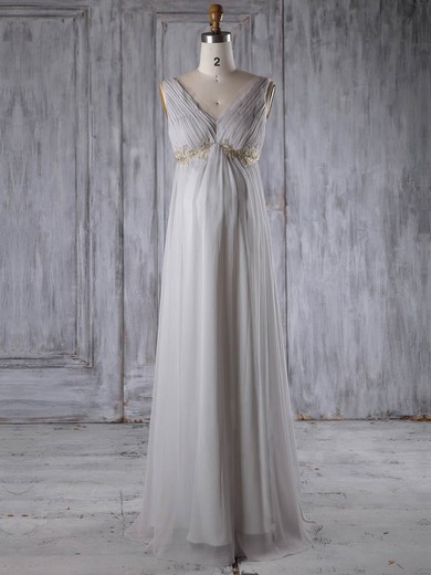 Empire V-neck Floor-length Chiffon with Appliques Lace Bridesmaid Dresses #PDS01013259