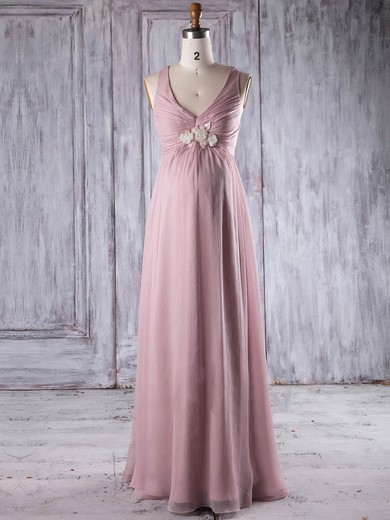 Empire V-neck Floor-length Chiffon with Flower(s) Bridesmaid Dresses #PDS01013263