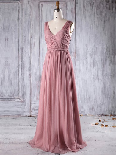 A-line V-neck Floor-length Chiffon with Ruffles Bridesmaid Dresses #PDS01013271