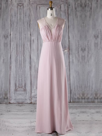 A-line V-neck Floor-length Lace Chiffon with Ruffles Bridesmaid Dresses #PDS01013282