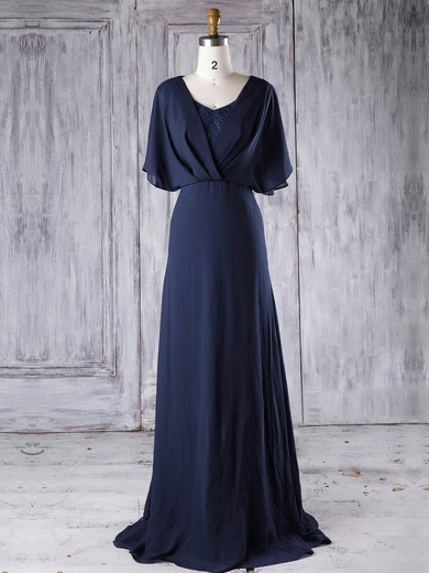 A-line V-neck Sweep Train Lace Chiffon with Sequins Bridesmaid Dresses #PDS01013290