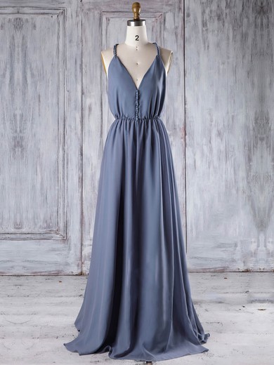 A-line V-neck Floor-length Chiffon with Ruffles Bridesmaid Dresses #PDS01013293