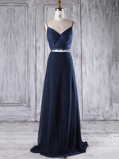 A-line V-neck Floor-length Chiffon with Lace Bridesmaid Dresses #PDS01013294