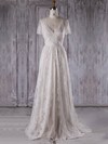 A-line V-neck Sweep Train Lace Tulle with Ruffles Bridesmaid Dresses #PDS01013298