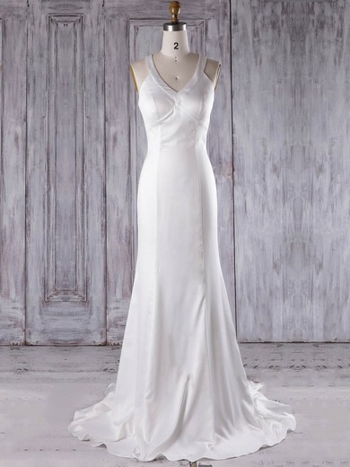 Trumpet/Mermaid V-neck Sweep Train Silk-like Satin with Ruffles Bridesmaid Dresses #PDS01013300