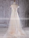 A-line V-neck Sweep Train Tulle with Appliques Lace Bridesmaid Dresses #PDS01013301
