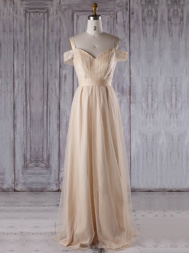 A-line V-neck Floor-length Tulle with Lace Bridesmaid Dresses #PDS01013302