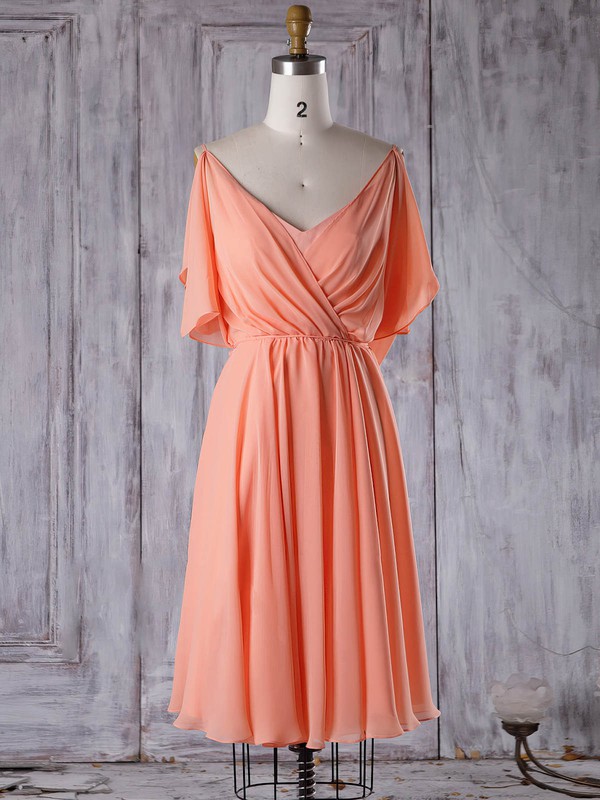 A-line V-neck Short/Mini Chiffon with Sashes / Ribbons Bridesmaid Dresses #PDS01013305