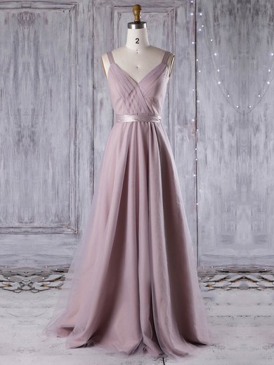 A-line V-neck Floor-length Tulle with Sashes / Ribbons Bridesmaid Dresses #PDS01013311