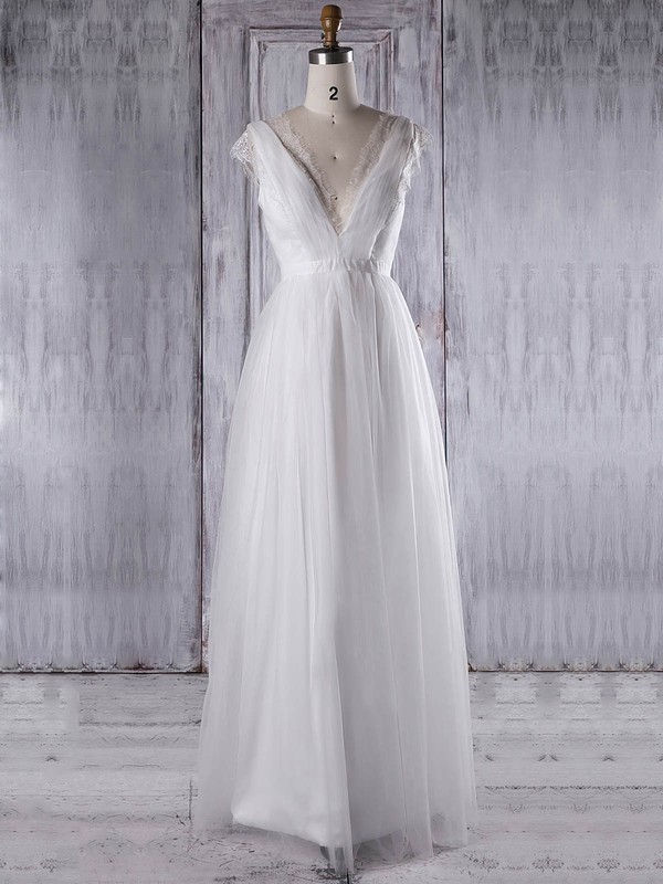 A-line V-neck Floor-length Tulle with Sashes / Ribbons Bridesmaid Dresses #PDS01013315