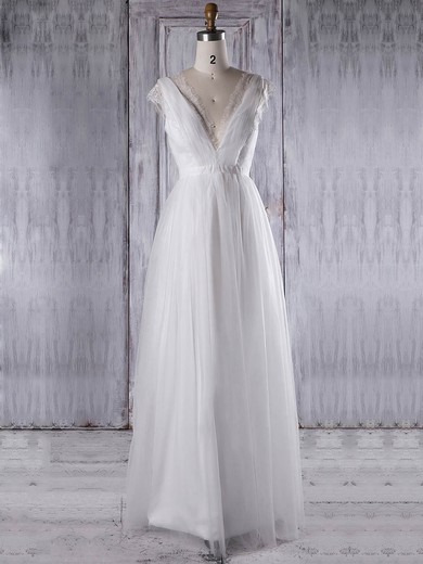 A-line V-neck Floor-length Tulle with Sashes / Ribbons Bridesmaid Dresses #PDS01013315