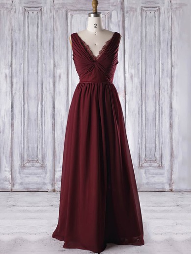 A-line V-neck Floor-length Lace Chiffon with Criss Cross Bridesmaid Dresses #PDS01013316