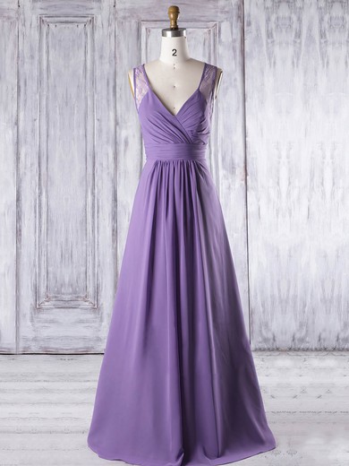 A-line V-neck Floor-length Lace Chiffon with Ruffles Bridesmaid Dresses #PDS01013319