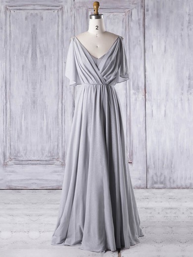 A-line V-neck Floor-length Chiffon with Ruffles Bridesmaid Dresses #PDS01013326