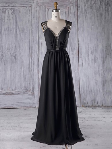 A-line V-neck Floor-length Lace Chiffon with Sashes / Ribbons Bridesmaid Dresses #PDS01013328