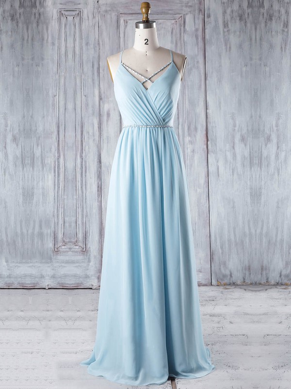A-line V-neck Floor-length Chiffon with Beading Bridesmaid Dresses #PDS01013329