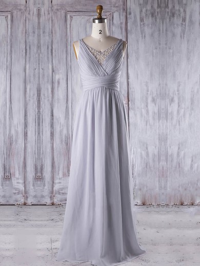 A-line V-neck Floor-length Chiffon Tulle with Pearl Detailing Bridesmaid Dresses #PDS01013331