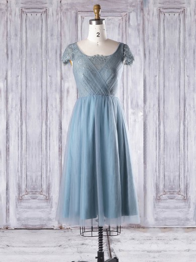 A-line Scoop Neck Knee-length Lace Tulle with Ruffles Bridesmaid Dresses #PDS01013332