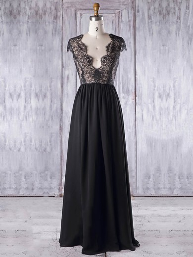 A-line V-neck Floor-length Chiffon Tulle with Lace Bridesmaid Dresses #PDS01013337