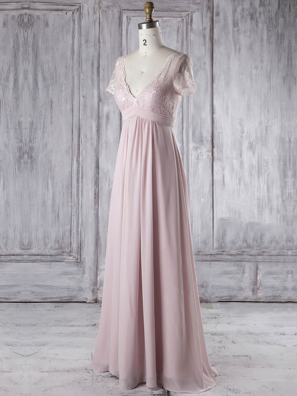 Empire V-neck Floor-length Lace Chiffon with Ruffles Bridesmaid Dresses #PDS01013339