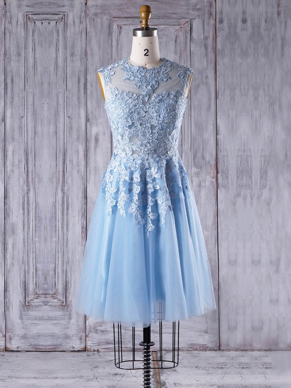 A-line Scoop Neck Short/Mini Tulle with Appliques Lace Bridesmaid Dresses #PDS01013342